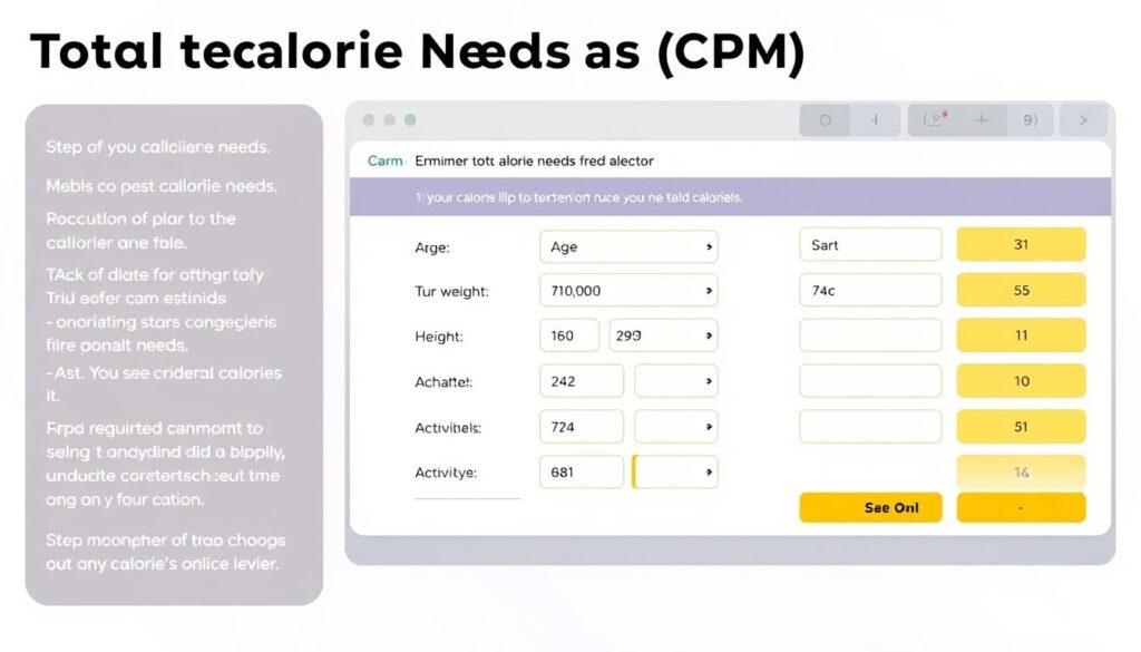 A detailed, step-by-step calculation of total calorie needs (CPM) displayed on a clean, modern interface. The interface shows a calculator-like layout with input fields for various metrics like age, weight, height, and activity level. The background is a soft, neutral color that allows the interface to stand out. The overall mood is informative and helpful, designed to guide the user through the process of determining their individual calorie requirements. The image has a technical, data-driven aesthetic with a touch of minimalism, reflecting the precision and accuracy of the CPM calculation.