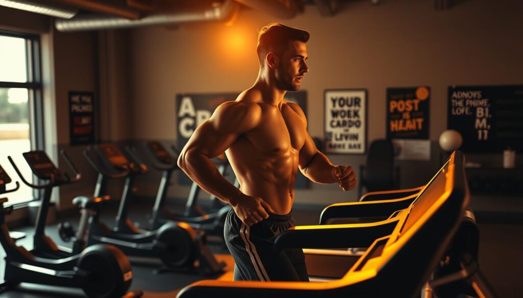 A dimly lit gym interior, bathed in a warm, golden glow. In the foreground, a determined athlete performs high-intensity interval training on a treadmill, their expression focused and their movements fluid. The middle ground showcases a variety of cardio equipment, including stationary bikes and elliptical machines, all neatly arranged. In the background, the walls are adorned with motivational posters and inspirational quotes, creating an atmosphere of dedication and perseverance. The lighting is soft and directional, casting dramatic shadows and highlighting the subject's muscular form. The overall scene conveys the intensity and discipline required for effective cardio during a fat-loss phase.
