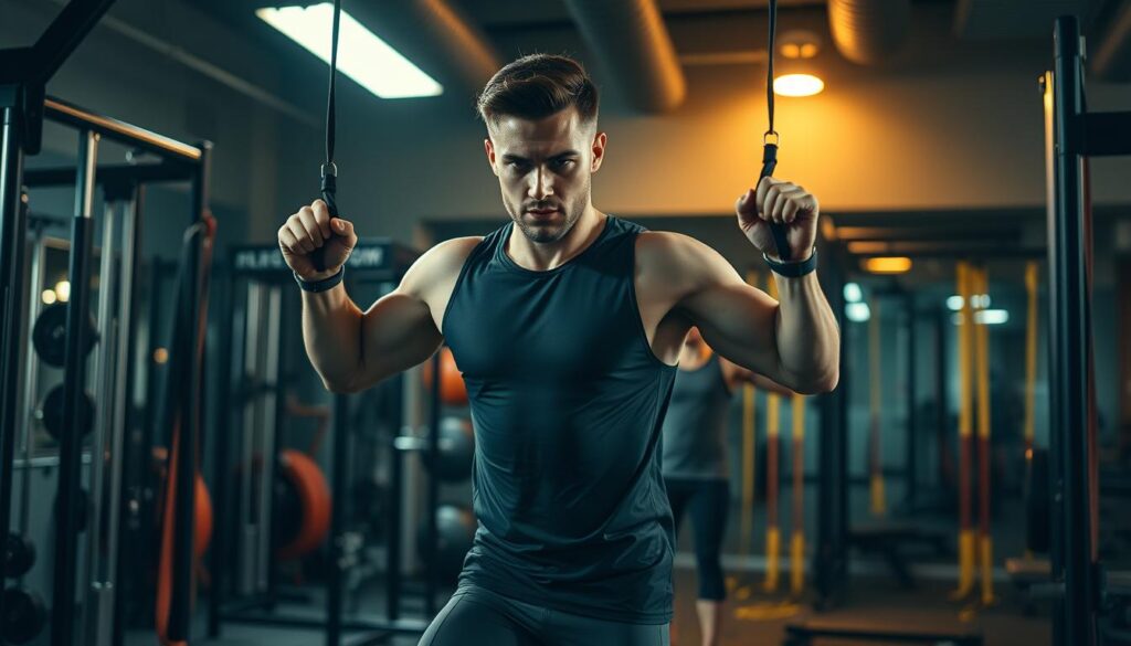 A dimly lit gym interior, with a mid-shot view of a person performing a series of high-intensity, full-body exercises on a variety of equipment. The individual is wearing sleek, moisture-wicking workout gear, their face determined as they push through a strength-training circuit. The background features a mix of weight racks, resistance bands, and other functional training tools, creating a focused, no-frills atmosphere. Soft, warm lighting casts subtle shadows, highlighting the subject's muscular form and the intensity of their workout. The overall scene conveys the dedication and discipline required for an effective fat-burning, muscle-building circuit training session.
