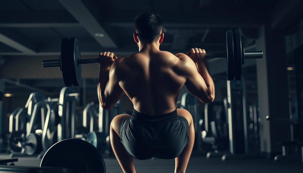 A dimly lit gym interior, with a well-equipped weight training area in the foreground. A person performing squats with a barbell, their muscles straining with the effort. Soft, directional lighting casts shadows, accentuating the defined physique. In the middle ground, exercise machines and other fitness equipment are visible, creating a sense of a dedicated workout space. The background is slightly blurred, hinting at the presence of other gym-goers, but the focus remains on the individual's intense, fat-burning session. The atmosphere is one of determination and commitment to the "trening redukcyjny" - the fat-loss oriented workout routine.