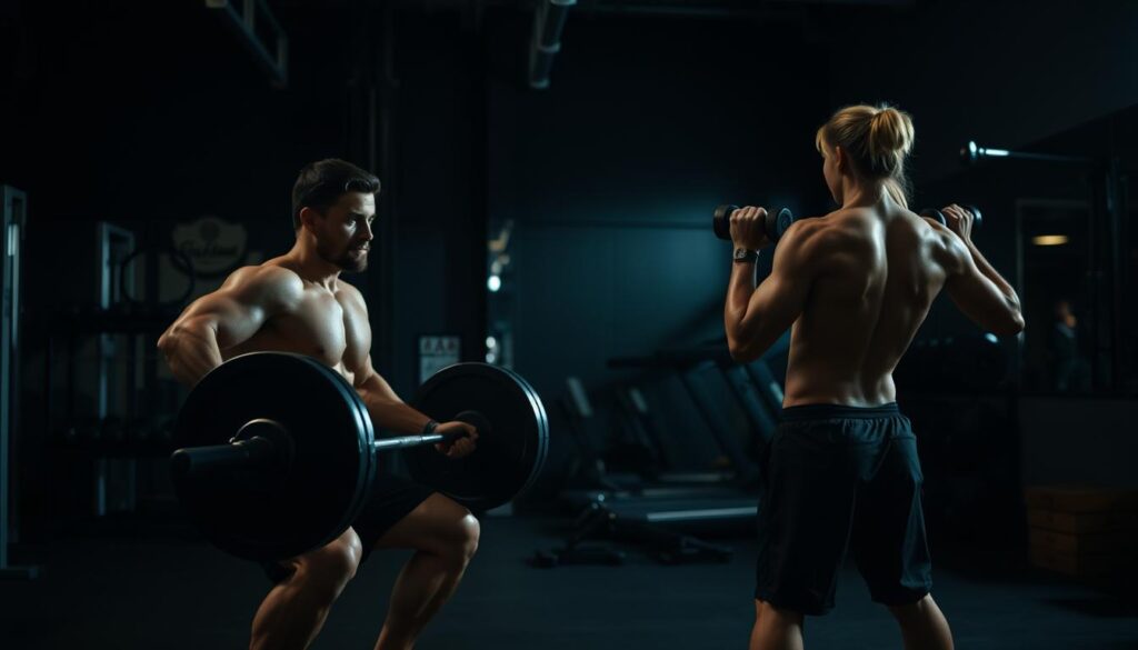 A dimly lit gym setting, with a focused individual performing a variety of strength training exercises. In the foreground, the person is doing squats with a barbell, their muscles straining against the weight. In the middle ground, they move through a series of controlled dumbbell rows, their back muscles engaged. The background features various gym equipment, including a treadmill and weight racks, conveying a sense of a dedicated fitness space. The lighting is dramatic, casting shadows that accentuate the subject's form and the intensity of their workout. The overall atmosphere is one of determination and a commitment to the process of physical transformation.