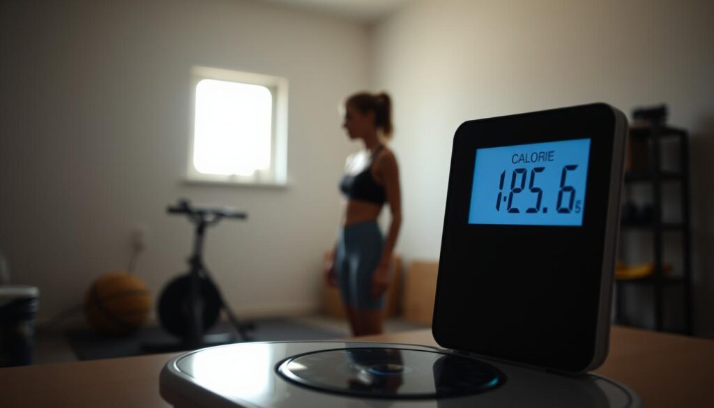 A dimly lit, minimalist home gym setting. In the foreground, a scale displays a specific calorie deficit value, representing the optimal calorie restriction for weight loss. The middle ground features a person in activewear, deep in contemplation, surrounded by simple workout equipment. The background is blurred, suggesting a pensive, introspective mood. Soft, warm lighting from a single window casts a gentle glow, emphasizing the subject's focus. The overall composition conveys the importance of finding the right calorie deficit for effective, sustainable fat reduction.