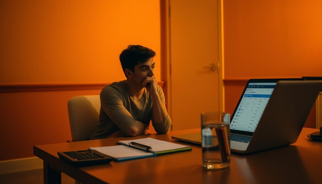 A dimly lit room, the walls painted in warm tones, with a meticulously organized desk at the center. On the desk, a calculator, a notebook, and a glass of water sit alongside a laptop displaying a calorie tracking app. The room is bathed in a soft, golden light, creating a contemplative atmosphere. In the foreground, a person sits deep in thought, their expression focused as they carefully plan their daily caloric intake, determined to strike the perfect balance between their nutritional needs and weight management goals. The scene conveys a sense of discipline, control, and the pursuit of a healthy, sustainable lifestyle.