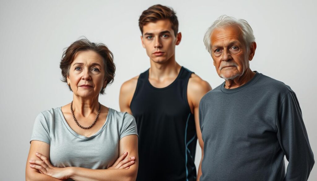 A diverse group of individuals standing against a clean, minimalist background. In the foreground, a middle-aged woman with dietary restrictions, a young athlete, and an elderly person, each representing a special group vulnerable to the effects of excessive protein intake. Soft, directional lighting illuminates their faces, conveying a sense of concern and introspection. The composition is balanced, with the subjects positioned at various angles to create visual interest. The overall mood is one of thoughtfulness and awareness, reflecting the seriousness of the topic at hand. A diverse group of individuals standing against a clean, minimalist background. In the foreground, a middle-aged woman with dietary restrictions, a young athlete, and an elderly person, each representing a special group vulnerable to the effects of excessive protein intake. Soft, directional lighting illuminates their faces, conveying a sense of concern and introspection. The composition is balanced, with the subjects positioned at various angles to create visual interest. The overall mood is one of thoughtfulness and awareness, reflecting the seriousness of the topic at hand.