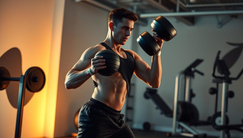 A dynamic and energetic image of a person engaged in a weight loss cycle. Foreground: A determined individual in athletic wear, mid-stride, lifting weights with focused determination. Lighting is a combination of warm, directional lighting from the side and cooler ambient lighting, creating depth and drama. Middle ground: A well-equipped home gym setting, with various exercise equipment and a sleek, minimalist design. Background: Subtle abstract shapes and textures, suggesting a sense of movement and progress. The overall mood is one of resolve, discipline, and a steadfast commitment to personal transformation.