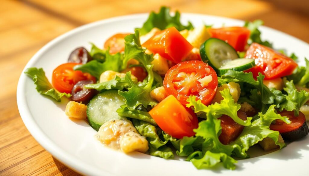 A fresh and vibrant low-calorie salad, featuring a colorful arrangement of crisp greens, juicy tomatoes, crunchy cucumbers, and a light, tangy dressing. The salad is presented on a white ceramic plate, allowing the vibrant colors to pop against the neutral background. Soft, natural lighting casts a warm glow, accentuating the textures and highlighting the salad's healthy, wholesome appeal. The composition is balanced and visually appealing, inviting the viewer to indulge in a satisfying, guilt-free meal. This salad embodies the essence of a nourishing, low-calorie dish that can be easily incorporated into a weight-loss or healthy-eating regimen.