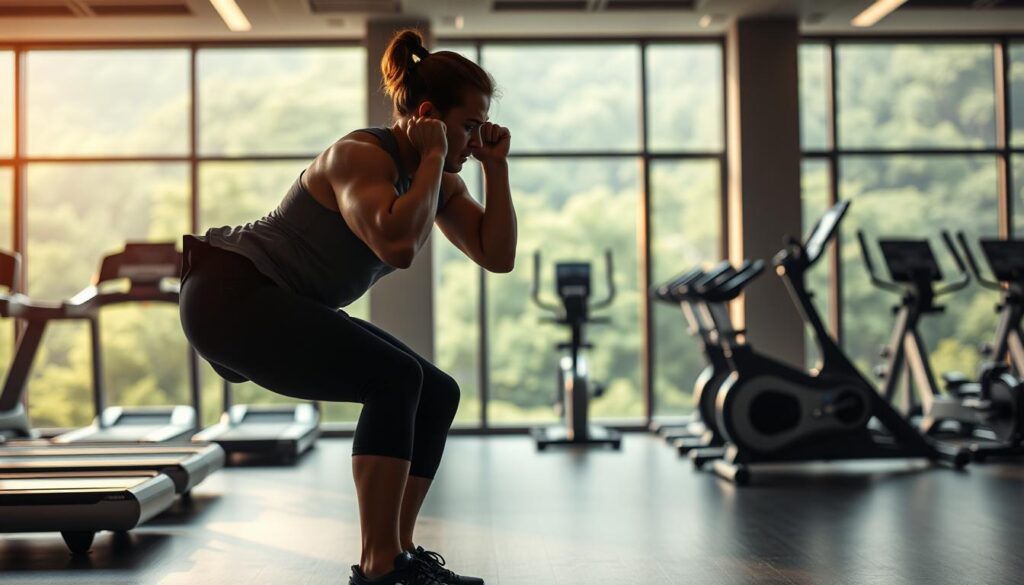 A gym interior with modern equipment and sleek, minimalist design. In the foreground, a person performing a weighted squat, their muscles straining with effort. Soft, warm lighting illuminates the scene, creating an atmosphere of focused intensity. The middle ground features a variety of cardio machines, like treadmills and stationary bikes, while the background showcases large windows overlooking a lush, green landscape, blurring the line between indoor and outdoor spaces. The overall mood is one of determination, discipline, and a sense of personal growth through physical transformation.