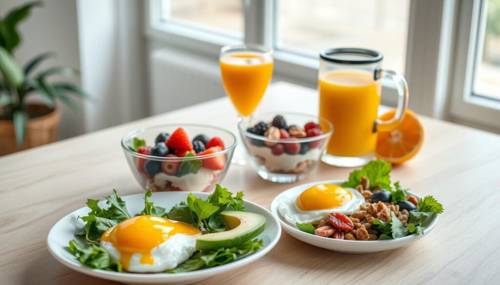 A healthy, balanced breakfast showcasing a variety of nutrient-dense foods arranged artfully on a light wooden table. In the foreground, a plate features poached eggs, avocado slices, and a side of fresh greens. Beside it, a bowl of Greek yogurt is topped with berries, nuts, and a drizzle of honey. In the middle ground, a glass of freshly squeezed orange juice stands alongside a steaming mug of black coffee. The background features a clean, minimalist setting with natural lighting filtering in through large windows, creating a calming, wellness-focused atmosphere.