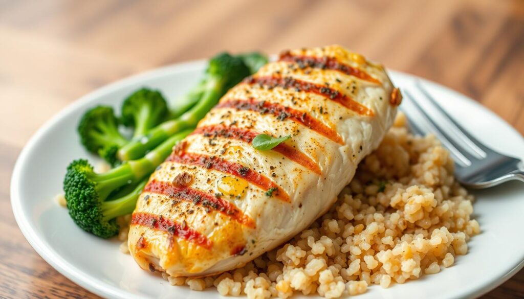 A healthy, low-calorie dinner plate featuring a vibrant mix of grilled chicken breast, steamed broccoli, and a side of quinoa. The chicken is seasoned with a blend of herbs and spices, giving it a mouthwatering aroma. The broccoli is crisp and green, drizzled with a light lemon vinaigrette. The fluffy quinoa provides a satisfying base, complementing the other components. The plate is arranged with an eye-catching, visually appealing composition, showcasing the textures and colors of the ingredients. The lighting is soft and natural, highlighting the dish's freshness and nutritional value. This image perfectly encapsulates a wholesome, calorie-conscious meal that supports weight management.