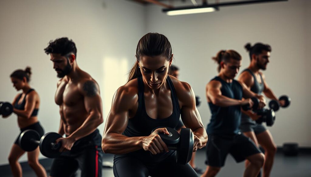A high-contrast, cinematic image of a group of people performing a circuit-style strength training workout in a minimalist, well-lit gym. The subjects are focused and intense, with sweat glistening on their skin as they push through a series of exercises like squats, lunges, and shoulder presses using free weights and resistance bands. The background is blurred, emphasizing the subjects' movements and the sense of effort and determination. Warm, directional lighting casts dramatic shadows, creating a sense of depth and three-dimensionality. The overall mood is one of efficiency, efficacy, and the body's potential for transformation.