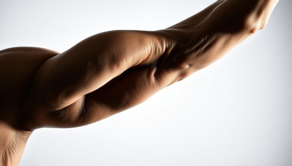 A high-contrast, heavily-lit studio photograph of a muscular human arm against a plain white background, showing the arm in a flexed position with veins and musculature prominently visible. The lighting is dramatic, casting sharp shadows and highlights to accentuate the arm's detailed anatomy. The image is captured at a slightly elevated angle, creating a powerful, authoritative perspective. The overall mood is clinical, scientific, and focused on showcasing the essential details of the subject matter - the protein and muscle composition of the arm during a state of caloric reduction.