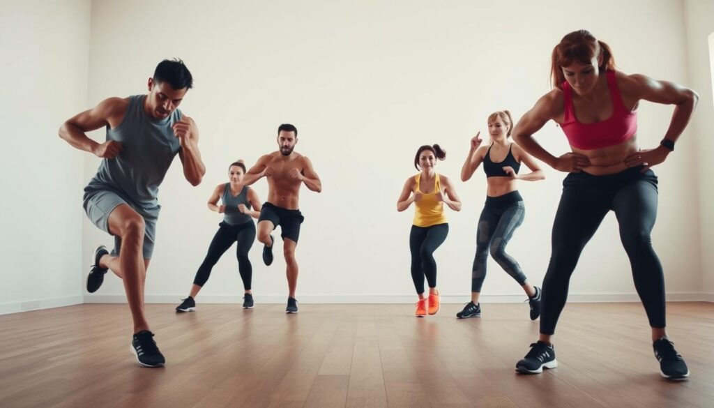 A high-intensity workout scene featuring a group of fit individuals performing various exercises against a clean, minimal background. The foreground shows people performing burpees, jumping jacks, and other dynamic movements with intense expressions. The middle ground has figures doing HIIT-style interval training, while the background depicts a simple, uncluttered space with natural lighting and a sense of energy and motion. The overall composition conveys a feeling of challenge, effort, and the pursuit of fitness through vigorous, calorie-burning exercises.