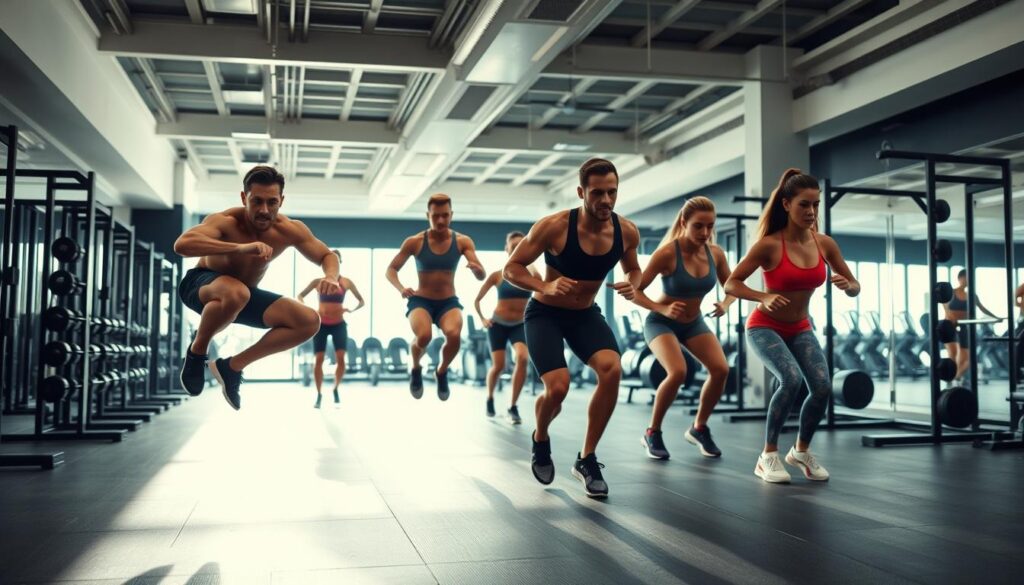 A high-intensity workout scene in a sleek, modern gym. In the foreground, a determined athlete performs explosive squat jumps, their muscles rippling under the bright, directional lighting. The middle ground features a group of focused individuals engaging in various fat-burning exercises like burpees and mountain climbers, their faces flushed with effort. In the background, rows of weight racks and exercise machines create a sense of scale and intensity. The overall atmosphere conveys a sense of focused, high-energy training dedicated to shedding excess body fat. A high-intensity workout scene in a sleek, modern gym. In the foreground, a determined athlete performs explosive squat jumps, their muscles rippling under the bright, directional lighting. The middle ground features a group of focused individuals engaging in various fat-burning exercises like burpees and mountain climbers, their faces flushed with effort. In the background, rows of weight racks and exercise machines create a sense of scale and intensity. The overall atmosphere conveys a sense of focused, high-energy training dedicated to shedding excess body fat.
