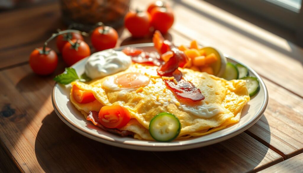 A high-protein breakfast on a fat-burning diet, featuring a fluffy omelet made with farm-fresh eggs, savory turkey bacon, and a sprinkle of cheddar cheese. The plate is garnished with juicy grape tomatoes, crunchy sliced cucumber, and a drizzle of creamy Greek yogurt. Sunlight streams through the window, casting a warm, natural glow on the scene. The composition is balanced, with the food items arranged artfully on a rustic wooden table. The overall mood is one of wholesome, healthy indulgence.