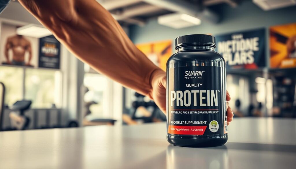 A high-quality protein supplement bottle resting on a clean, white surface, with a muscular male arm reaching out to grasp it. The lighting is warm and natural, creating a sense of health and vitality. In the background, a blurred image of a fitness center or gym, with exercise equipment and motivational posters, suggesting the context of fitness and weight loss. The overall composition conveys the idea of supplementation as a key component of an effective weight reduction program. A high-quality protein supplement bottle resting on a clean, white surface, with a muscular male arm reaching out to grasp it. The lighting is warm and natural, creating a sense of health and vitality. In the background, a blurred image of a fitness center or gym, with exercise equipment and motivational posters, suggesting the context of fitness and weight loss. The overall composition conveys the idea of supplementation as a key component of an effective weight reduction program.