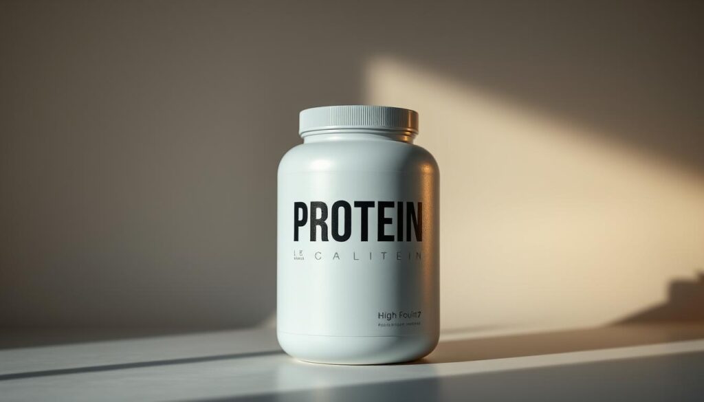 A high-quality protein supplement in a sleek, modern container, illuminated by warm, directional lighting. The container has a matte, textured surface and a minimalist design, conveying a sense of premium quality and functionality. The product is the central focus, surrounded by a clean, uncluttered background to emphasize its simple elegance. The lighting creates subtle shadows and highlights, giving the image a professional, studio-quality look. The overall mood is one of sophistication and health-conscious indulgence, perfectly suited to illustrate the section on protein supplements for fat reduction.