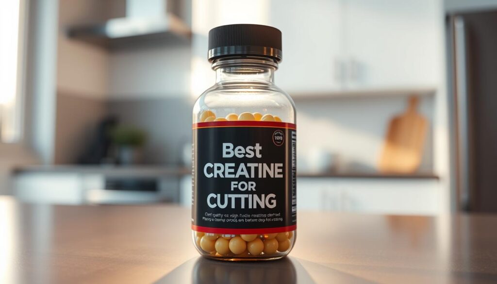 A high-quality sports nutrition supplement in a glass bottle, bathed in warm, natural lighting. The bottle is positioned in the foreground, with a blurred background of a clean, modern kitchen counter or table. The label on the bottle prominently displays the text "Best Creatine for Cutting", conveying the product's purpose for weight loss and muscle definition. The overall composition is elegant, minimalist, and showcases the supplement in an appealing, lifestyle-oriented setting.