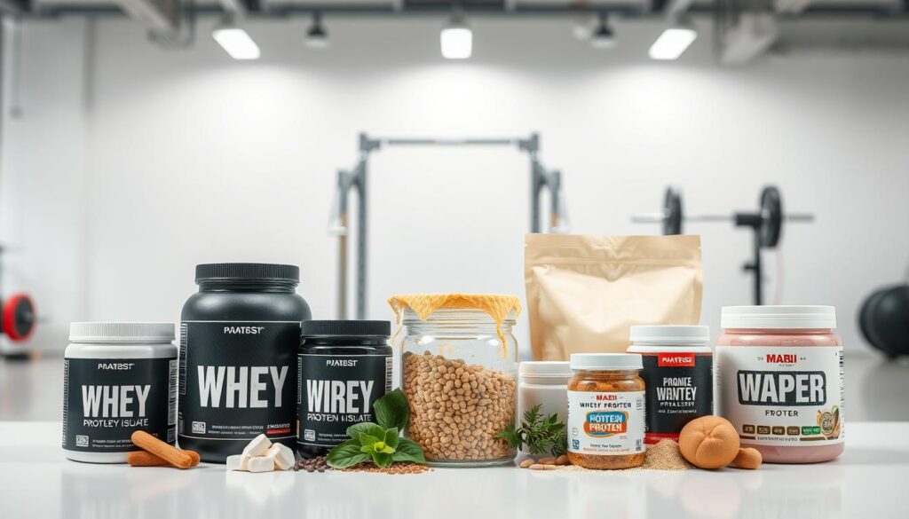 A high-quality studio shot of various protein powder supplements arranged in the foreground, including whey protein concentrate (WPC), whey protein isolate (WPI), hydrolyzed whey protein (WPH), and plant-based proteins. The supplements are displayed on a clean, minimalist white surface with soft, even lighting from above, creating a sense of clarity and focus. The middle ground features a blurred backdrop of fitness equipment or a gym setting, hinting at the products' intended use for muscle building and fat reduction. The overall composition and styling convey a professional, informative, and visually appealing presentation of the different protein types suitable for weight loss.