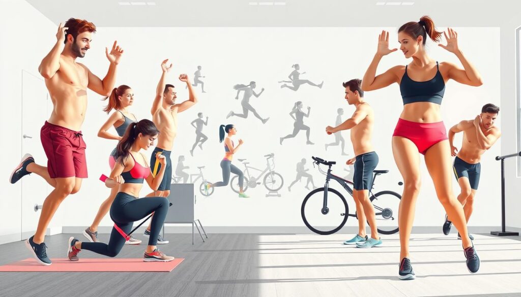 A high-resolution, detailed illustration of various fat-burning exercise routines. The foreground depicts a group of people performing a diverse range of exercises, including jumping jacks, burpees, lunges, and resistance band workouts. The middle ground showcases a variety of cardio activities such as running, cycling, and swimming. The background features a minimalist, clean gym or fitness studio setting with simple, modern equipment and clean lines. The lighting is bright and natural, highlighting the toned physiques and the intensity of the workout. The overall atmosphere conveys a sense of dynamism, energy, and a focus on effective fat reduction. A high-resolution, detailed illustration of various fat-burning exercise routines. The foreground depicts a group of people performing a diverse range of exercises, including jumping jacks, burpees, lunges, and resistance band workouts. The middle ground showcases a variety of cardio activities such as running, cycling, and swimming. The background features a minimalist, clean gym or fitness studio setting with simple, modern equipment and clean lines. The lighting is bright and natural, highlighting the toned physiques and the intensity of the workout. The overall atmosphere conveys a sense of dynamism, energy, and a focus on effective fat reduction.