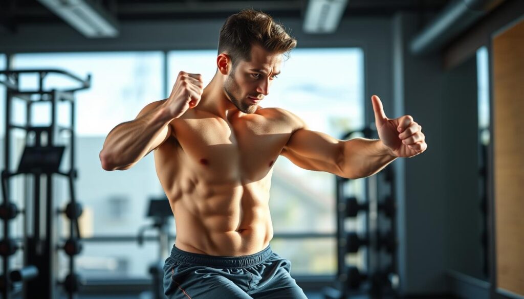 A highly detailed image of a person performing a high-intensity interval training (HIIT) workout for fat reduction. The scene is set in a modern, well-equipped gym with a focus on the subject's dynamic movement and determination. The lighting is crisp and natural, with a soft, diffused glow highlighting the subject's muscular physique. The background is blurred, emphasizing the subject's intense workout routine. The composition is balanced, with the subject positioned in the center, their explosive movements conveying a sense of power and energy. The overall mood is one of discipline, intensity, and a drive to achieve fitness goals. A highly detailed image of a person performing a high-intensity interval training (HIIT) workout for fat reduction. The scene is set in a modern, well-equipped gym with a focus on the subject's dynamic movement and determination. The lighting is crisp and natural, with a soft, diffused glow highlighting the subject's muscular physique. The background is blurred, emphasizing the subject's intense workout routine. The composition is balanced, with the subject positioned in the center, their explosive movements conveying a sense of power and energy. The overall mood is one of discipline, intensity, and a drive to achieve fitness goals.