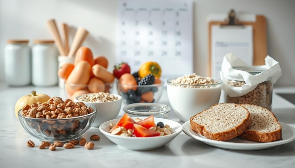A kitchen counter with various healthy breakfast ingredients neatly arranged - fresh fruits, nuts, yogurt, oats, and whole grain toast. The lighting is soft and natural, casting a warm glow over the scene. The composition is clean and minimalist, with a sense of order and organization that conveys efficiency and practicality. In the background, a calendar or planner is visible, suggesting the idea of meal prepping and planning ahead. The overall mood is one of calm, focus, and a commitment to a healthy lifestyle during a weight loss journey.