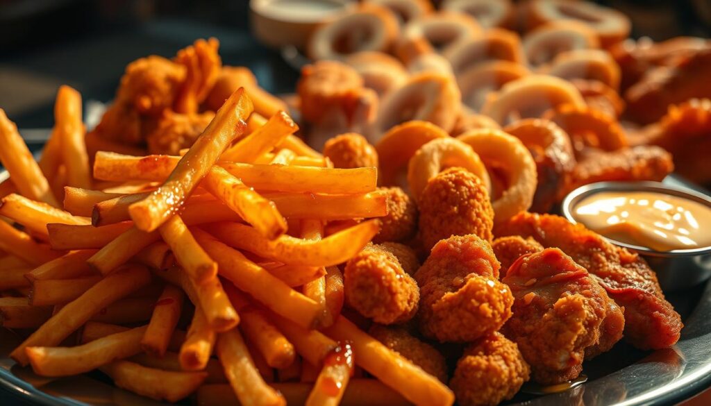 A large, glossy plate featuring an assortment of deep-fried, golden-brown foods. In the foreground, crispy, sizzling french fries piled high, glistening with oil. Surrounding them, various savory snacks like breaded chicken wings, mozzarella sticks, and onion rings. The mid-ground showcases slices of juicy fried pork chops and an overflowing bowl of creamy, melted cheese dip. In the background, an indistinct blur of other deep-fried delicacies, steaming and tempting. The lighting is warm and dramatic, casting long shadows and highlighting the greasy, tantalizing textures. The overall mood is one of indulgence and guilt-inducing temptation.