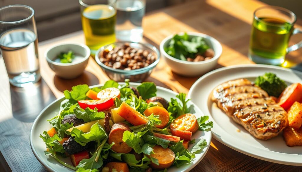 A meticulously curated selection of nutritious and balanced meals arranged on a wooden table, bathed in warm, natural lighting. In the foreground, a vibrant salad featuring mixed greens, sliced vegetables, and a light vinaigrette dressing. Beside it, a plate of grilled chicken breast accompanied by roasted sweet potatoes and steamed broccoli. In the middle ground, a bowl of protein-rich lentil soup, garnished with fresh herbs. In the background, a glass of water and a cup of green tea, complementing the overall healthy theme. The scene conveys a sense of wholesome, guilt-free indulgence, perfect for illustrating a weight-loss-focused meal plan.