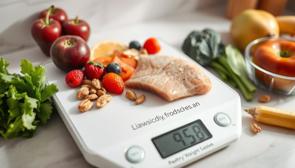 A meticulously detailed macro close-up of a digital food scale measuring a portion of various healthy foods, including fresh fruits, vegetables, nuts, and lean protein. The scale is positioned on a clean, minimalist countertop, with soft, even lighting casting gentle shadows. The scene conveys a sense of order, precision, and mindfulness around calorie counting and portion control, essential for an effective weight loss diet. The overall mood is one of focus, discipline, and a dedication to a healthier lifestyle.