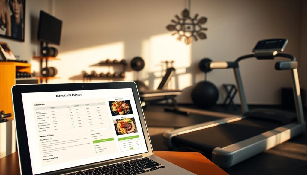 A meticulously planned out home gym setup, complete with a selection of free weights, a weight bench, and a treadmill. The space is bathed in warm, natural lighting, creating a motivating and inviting atmosphere. In the foreground, a detailed nutrition plan and a calorie tracking app are visible on a laptop, symbolizing the importance of a well-structured diet for successful weight reduction. The background features a minimalist wall decor, enhancing the clean and focused ambiance. The overall scene conveys a sense of determination and a disciplined approach to embarking on a healthy weight loss journey.