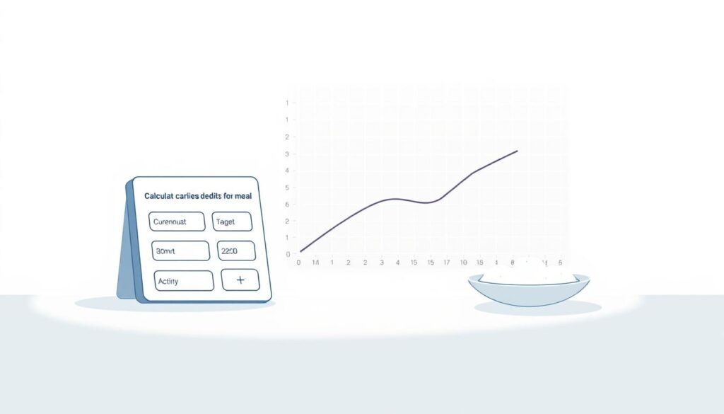 A minimalist, clean-lined illustration depicting the key elements of calculating caloric deficit and CPM (Calories Per Meal). In the foreground, a calculator with simplified input fields for current weight, target weight, and activity level. In the middle ground, a line graph visualizing the gradual caloric deficit over time. In the background, a subtle gridded pattern representing the underlying mathematical calculations. The scene is illuminated by soft, even lighting, creating a calm, analytical mood. The overall composition is balanced and visually appealing, designed to clearly convey the informational content.