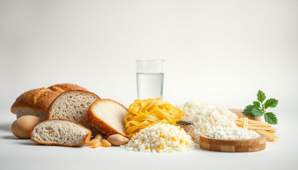 A minimalist still life scene depicting a variety of carbohydrate-rich foods against a neutral background. In the foreground, an assortment of bread, pasta, and rice in various stages of consumption, arranged in a visually appealing manner. The middle ground features a glass of water and a fork, symbolizing the need for portion control and moderation. The background is softly lit, creating a calming, contemplative atmosphere. The overall composition emphasizes the importance of carefully managing carbohydrate intake during a weight loss diet.