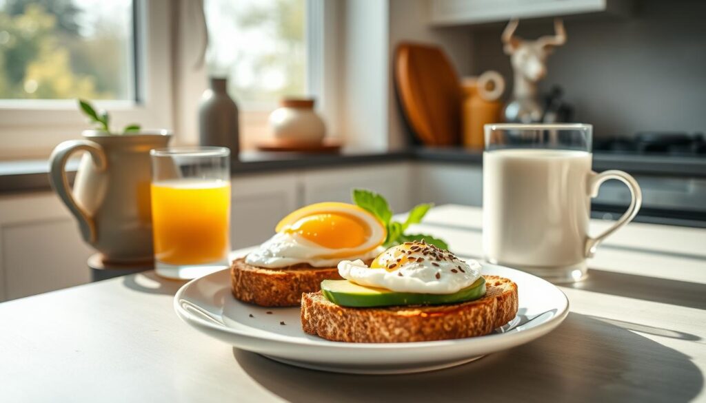 A minimalist yet stylish kitchen scene, bathed in soft, natural lighting from a large window. In the foreground, a simple breakfast spread featuring whole grain toast, a poached egg, sliced avocado, and a sprinkle of seeds. Complementing the scene, a glass of freshly squeezed orange juice and a steaming mug of aromatic herbal tea. The overall atmosphere conveys a sense of calm, healthy indulgence – the perfect start to a day focused on balanced nutrition and personal wellbeing.