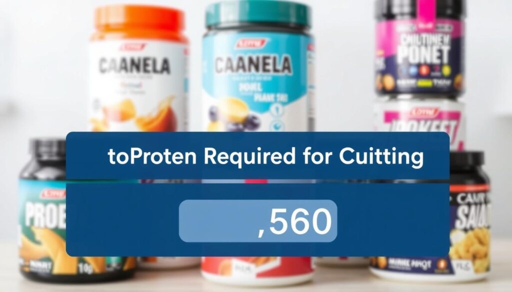 A modern, minimalist calculator interface against a soft, blurred background of stacked protein powder containers in various flavors. The calculator display prominently shows the calculation "Protein Required for Cutting" with a bold, numeric result. The overall scene has a sleek, professional aesthetic, conveying the idea of precision and data-driven decision making around calculating optimal protein intake during a fat loss phase.