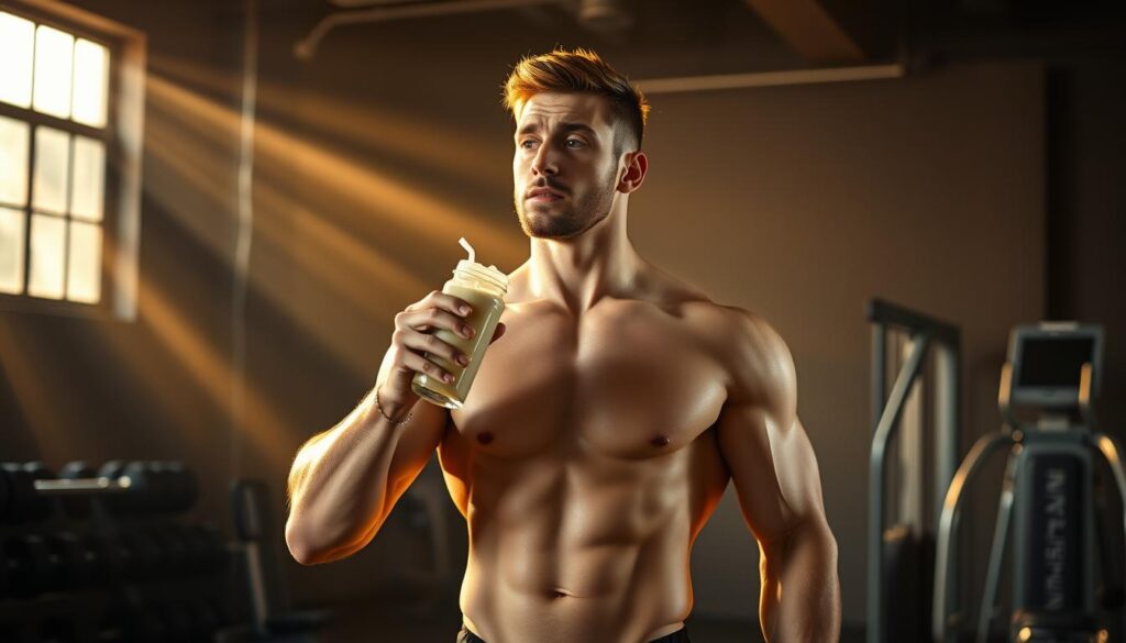 A muscle-bound athlete stands in a dimly lit gym, performing a series of carefully timed protein shake drinking motions. Beams of golden light filter through the windows, casting a warm, energetic glow on the scene. In the background, a stack of free weights and a sleek exercise machine set the stage for a focused, fitness-forward environment. The model's expression is one of intense concentration, highlighting the importance of precise protein consumption in supporting muscular recovery and growth. The overall atmosphere evokes a sense of dedication, discipline, and the pursuit of optimal athletic performance.