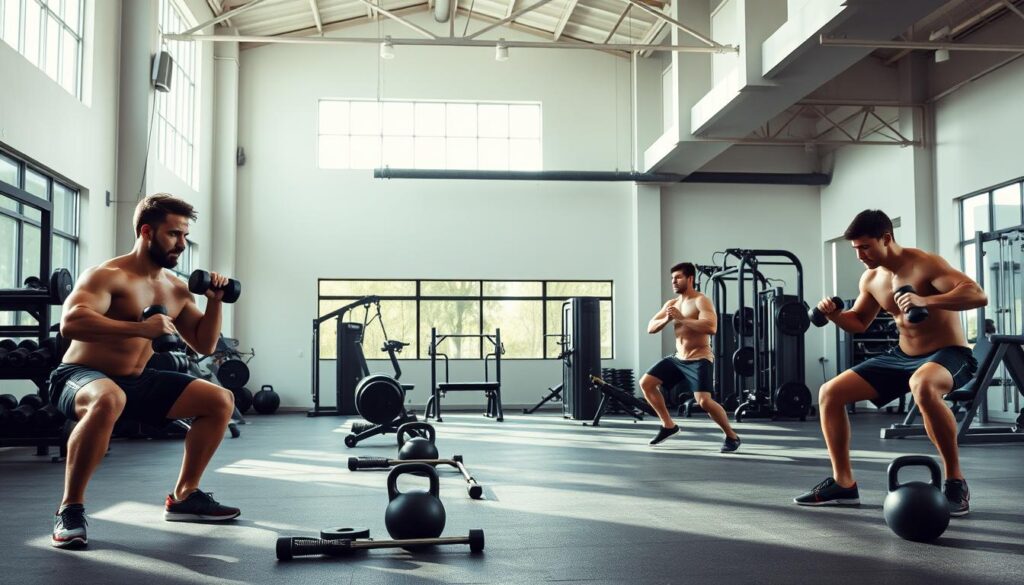 A muscular male athlete performing a series of targeted strength-training exercises in a well-lit, modern gym setting. The foreground features the athlete executing various resistance training movements such as squats, lunges, and dumbbell rows with impeccable form. The middle ground showcases additional workout equipment like barbells, kettlebells, and exercise machines. The background depicts a minimalist, industrial-style gym interior with high ceilings, exposed beams, and large windows allowing natural light to flood the space. The overall atmosphere conveys a sense of focus, determination, and the pursuit of muscular reduction through efficient, multi-joint compound exercises.