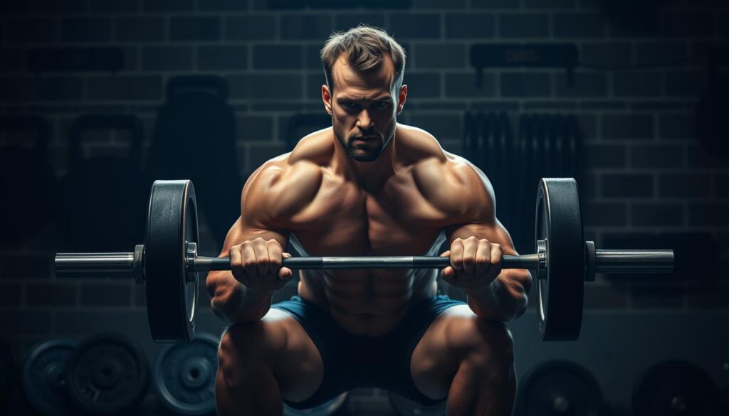 A muscular male figure performing a barbell front squat in a dimly lit weight room, with strong dramatic lighting casting dramatic shadows across the scene. The man's expression is one of intense focus and determination as he pushes through the challenging exercise. In the background, a wall display of weight plates and other workout equipment creates a gritty, industrial atmosphere. The overall mood is one of raw power and physical transformation, conveying the idea of a targeted fat-burning training program. A muscular male figure performing a barbell front squat in a dimly lit weight room, with strong dramatic lighting casting dramatic shadows across the scene. The man's expression is one of intense focus and determination as he pushes through the challenging exercise. In the background, a wall display of weight plates and other workout equipment creates a gritty, industrial atmosphere. The overall mood is one of raw power and physical transformation, conveying the idea of a targeted fat-burning training program.