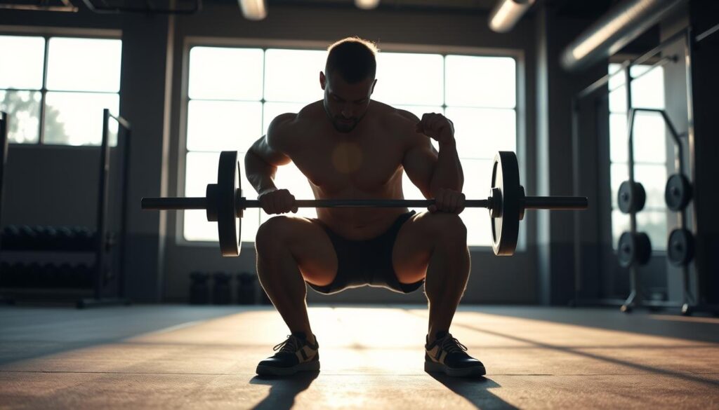 A muscular man performing a barbell squat in a well-lit, modern gym. The figure is silhouetted against a bright, natural light coming through large windows, casting dramatic shadows on the floor. The background is blurred, emphasizing the lifter's intense focus and powerful movement. The scene conveys a sense of determination, discipline, and the physical challenge of strength training during a fat-loss phase.