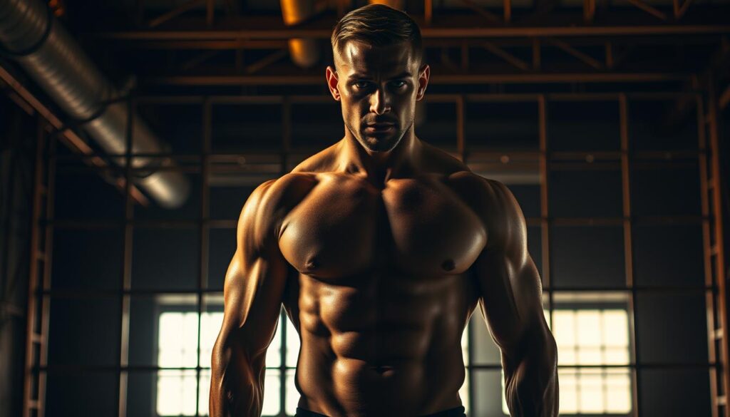 A muscular, shirtless male figure standing in a dimly lit, industrial-style setting. Warm, dramatic lighting casts long shadows, emphasizing the contours of his well-defined physique. The man's expression is intense, focused, conveying the determination and discipline required for fat reduction. In the background, a grid of metal pipes or scaffolding creates a sense of structure and purpose, complementing the subject's determination. The overall atmosphere is one of strength, control, and the pursuit of physical transformation.
