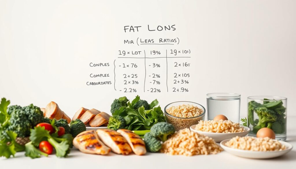 A neatly arranged meal plan against a clean, minimalist backdrop. In the foreground, a table displays a variety of healthy food items - lean protein sources like grilled chicken breasts, fresh vegetables such as broccoli and spinach, complex carbohydrates like brown rice, and a glass of water. The midground features a simple, hand-drawn diagram outlining the recommended macronutrient ratios for a fat loss diet, with clear labels and percentages. The background has a soft, neutral gradient, allowing the subject to be the focal point. The lighting is natural and diffused, creating a calm, wellness-focused atmosphere. The overall composition is structured and organized, reflecting the diligence and attention to detail required for an effective nutritional plan.