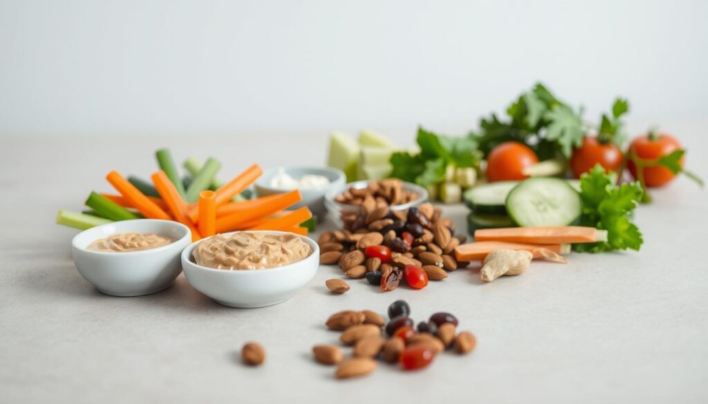 A neatly arranged spread of healthy, low-calorie snacks on a neutral-colored tabletop. In the foreground, a variety of fresh vegetables such as carrot sticks, cucumber slices, and cherry tomatoes, accompanied by a small bowl of hummus. In the middle ground, a handful of roasted almonds and a small handful of dried cranberries. The background features a minimalist, soft-lit setting, creating a calming, appetizing atmosphere. The image conveys a sense of balance, control, and mindful snacking, perfect for illustrating the "Przekąski i produkty pomocne w kontroli głodu" section.