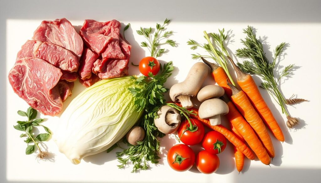 A neatly arranged still life showcasing the ingredients for a light, healthy version of sarmy (Polish meat and vegetable stew): slender cuts of lean beef, tender cabbage leaves, juicy tomatoes, vibrant carrots, earthy mushrooms, and fragrant herbs. The scene is lit from the side, casting soft shadows that accentuate the textures and colors of the fresh produce. The composition is balanced, with the ingredients positioned in a visually appealing manner against a minimalist, off-white background, creating a sense of simplicity and purity that reflects the "light" nature of the dish.