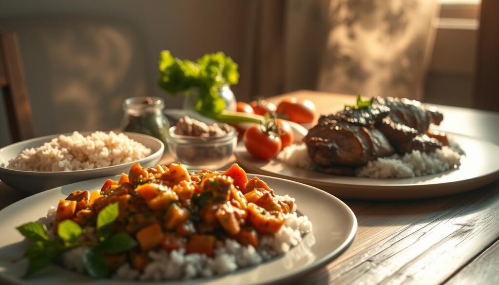 A nourishing, hearty meal arranged on a wooden table, bathed in warm, golden lighting. In the foreground, a steaming plate of wholesome, home-cooked food, perhaps a savory stew or a succulent roast, accompanied by a side of fluffy rice or roasted vegetables. The middle ground features a selection of fresh, seasonal ingredients, such as vibrant greens, juicy tomatoes, and fragrant herbs, hinting at the recipe's fresh and flavorful nature. In the background, a minimalist, rustic setting evokes a cozy, intimate atmosphere, perfect for an evening meal focused on nourishment and well-being.