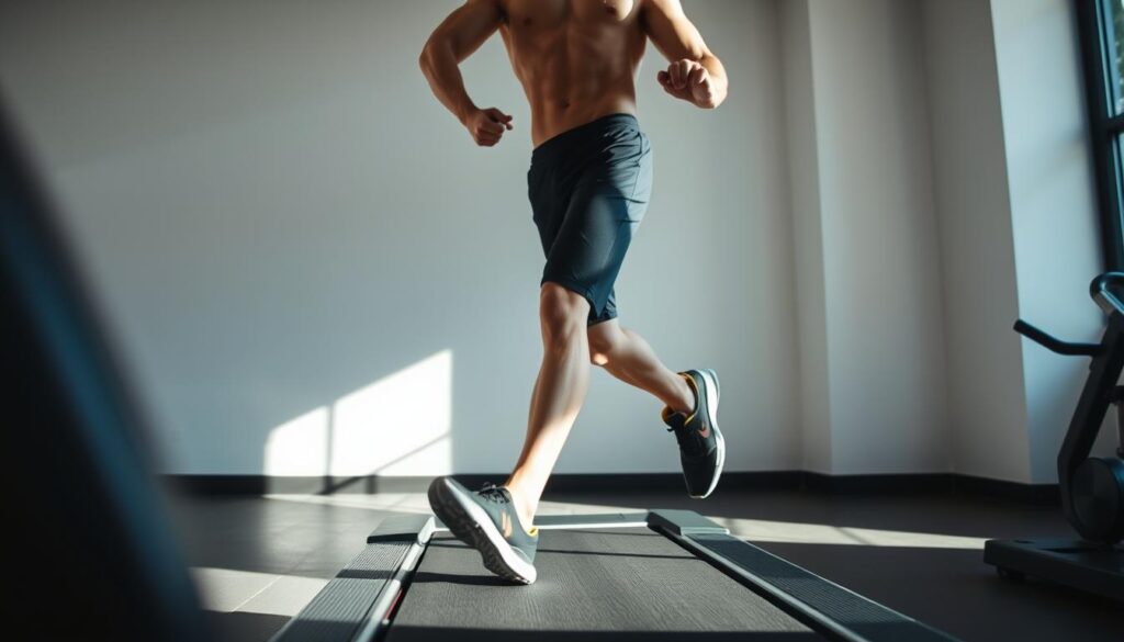 A person performing an intense cardio workout, their body in motion as they jog on a treadmill, surrounded by a minimalist gym environment. The lighting is bright and natural, casting sharp shadows that highlight the subject's muscular physique. The camera angle is slightly elevated, giving a dynamic perspective on the exercise routine. The atmosphere conveys a sense of focus and determination, with the goal of fat reduction palpable in the subject's intense expression and body language.