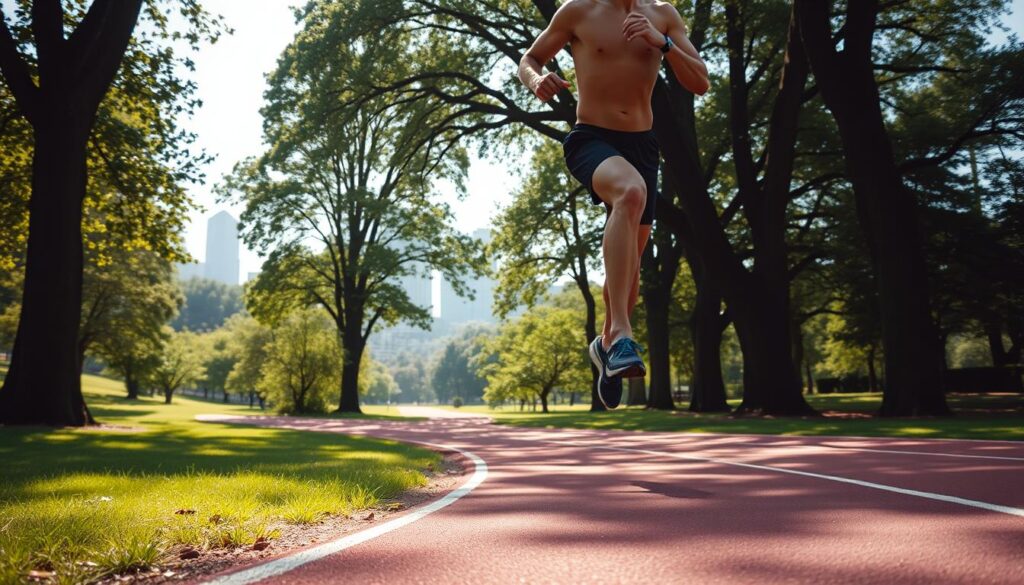 A person running on a track, legs in motion, arms pumping, sweat glistening on their skin. The track winds through a lush, green park, with towering trees lining the edges. Bright sunlight filters through the leaves, casting a warm, natural glow. In the distance, a cityscape can be seen, hazy and out of focus, emphasizing the tranquility of the outdoor setting. The runner's expression is one of determination, their body language conveying the intense effort of the workout. The scene captures the essence of burning calories through the simple act of running, a fundamental and highly effective exercise.