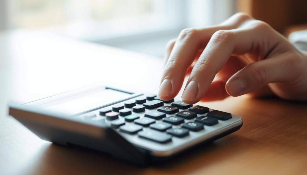 A person's hand carefully entering numerical data into a calculator display, with a clean and minimalist user interface. The calculator is positioned on a smooth wooden desk, illuminated by soft, natural lighting from a nearby window. The background is blurred, creating a sense of focus on the task at hand. The overall mood is one of precision, attention to detail, and a desire to accurately calculate and document information.