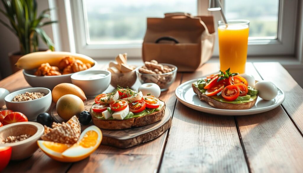 A picturesque breakfast scene showcasing a variety of nutritious and visually appealing "fit" dishes. In the foreground, a rustic wooden table is laid out with a selection of fresh fruits, Greek yogurt, granola, and boiled eggs. The middle ground features a platter of avocado toast topped with sliced tomatoes and a sprinkle of herbs, alongside a glass of freshly squeezed orange juice. In the background, a window frames a serene outdoor landscape, allowing natural light to flood the space and create a warm, inviting atmosphere. The overall composition conveys a sense of balance, healthfulness, and effortless style, perfectly capturing the essence of a wholesome, "fit" breakfast. A picturesque breakfast scene showcasing a variety of nutritious and visually appealing "fit" dishes. In the foreground, a rustic wooden table is laid out with a selection of fresh fruits, Greek yogurt, granola, and boiled eggs. The middle ground features a platter of avocado toast topped with sliced tomatoes and a sprinkle of herbs, alongside a glass of freshly squeezed orange juice. In the background, a window frames a serene outdoor landscape, allowing natural light to flood the space and create a warm, inviting atmosphere. The overall composition conveys a sense of balance, healthfulness, and effortless style, perfectly capturing the essence of a wholesome, "fit" breakfast.