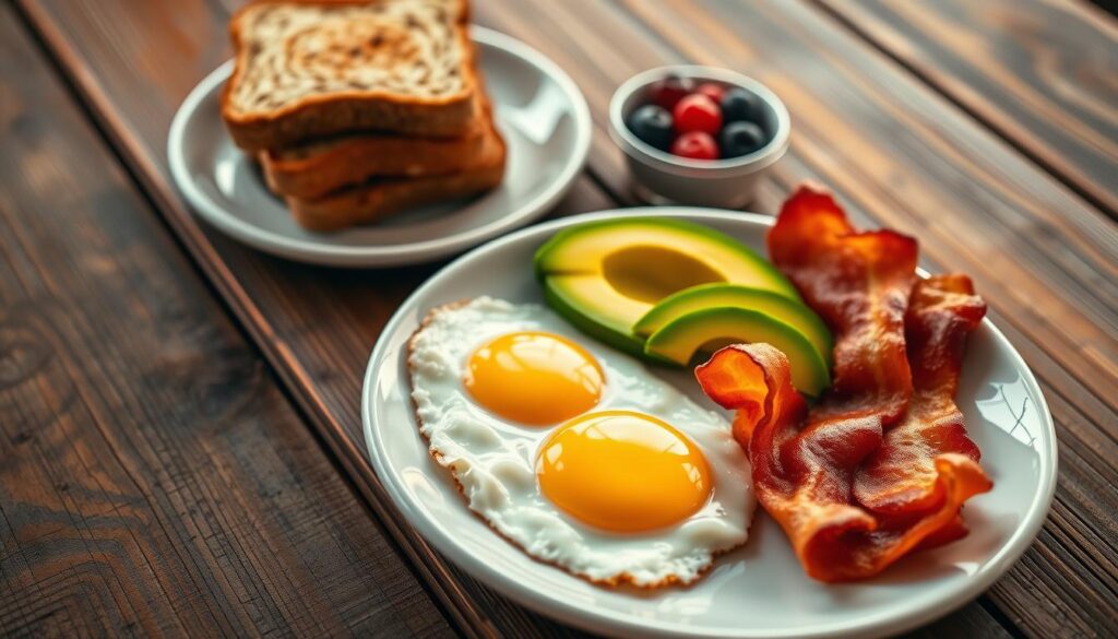 A plate of a quick, protein-rich breakfast on a rustic wooden table. In the foreground, a fried egg with a runny yolk sits next to slices of avocado and crispy bacon. In the middle ground, a stack of whole-grain toast and a small bowl of fresh berries. The lighting is soft and natural, creating warm, golden tones. The composition is balanced, with the food items arranged in an appetizing manner. The overall mood is one of simple, nourishing sustenance for an active lifestyle.