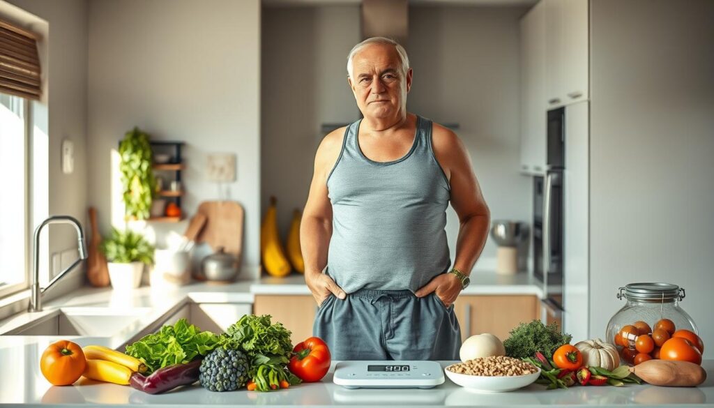 A portly, middle-aged individual standing in a well-lit, spacious kitchen, clad in casual workout attire. They are surrounded by an array of fresh, healthy ingredients - vibrant vegetables, lean proteins, and whole grains. The individual's expression is one of determination, their gaze fixed on a digital scale displaying the weight "90 kg." The kitchen countertop is adorned with a clean, minimalist aesthetic, evoking a sense of order and control. The lighting is soft and natural, casting a warm, inviting glow over the scene. The overall atmosphere conveys a journey towards a healthier lifestyle, with the individual's weight loss goal as the central focus.