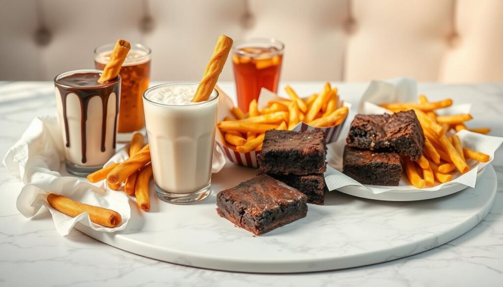 A scrumptious, indulgent cheat day feast on a white marble tabletop, with a variety of decadent treats - chocolate-dipped churros, creamy milkshakes, gooey brownies, and crispy French fries. Soft, diffused lighting casts a warm, cozy glow, creating an inviting and tempting atmosphere. The composition is balanced, with the treats arranged artfully, surrounded by crumpled napkins and a glass of bubbly soda. The scene evokes a sense of guilt-free indulgence, where the cravings of a strict diet are momentarily satisfied, before returning to the disciplined path of weight loss.