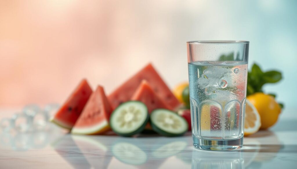 A serene and hydrating scene, capturing the essence of "nawodnienie" (hydration). In the foreground, a translucent glass of cool, refreshing water, reflecting the light and casting a soft, calming glow. In the middle ground, a variety of vibrant, juicy fruits and vegetables, including sliced watermelon, cucumber, and lemon, arranged in a visually appealing manner. The background features a blurred, natural setting, with a soothing, pastel-hued gradient that evokes a sense of tranquility and well-being. The lighting is soft and diffused, creating a serene, inviting atmosphere. The overall composition emphasizes the importance of proper hydration and balanced, nutrient-rich liquid consumption for maintaining a healthy lifestyle.